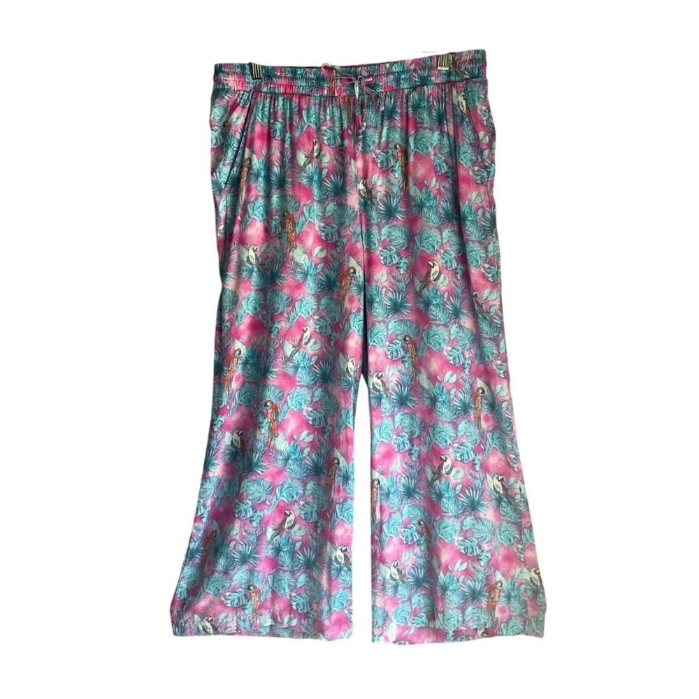 Margaritaville Large Pink Tropical Parrot Print Wide Leg Pull On Pants Palazzo - Picture 2 of 15